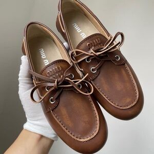 Miu Miu Chestnut Brown Leather Lace-Up Loafers